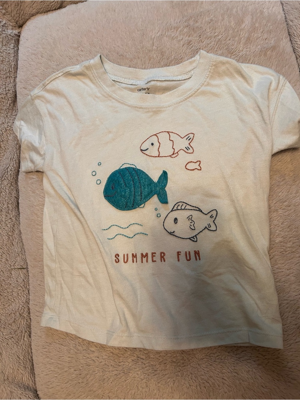 Carter's Cream Short Sleeve Tee with Teal & Rust Fish Graphics